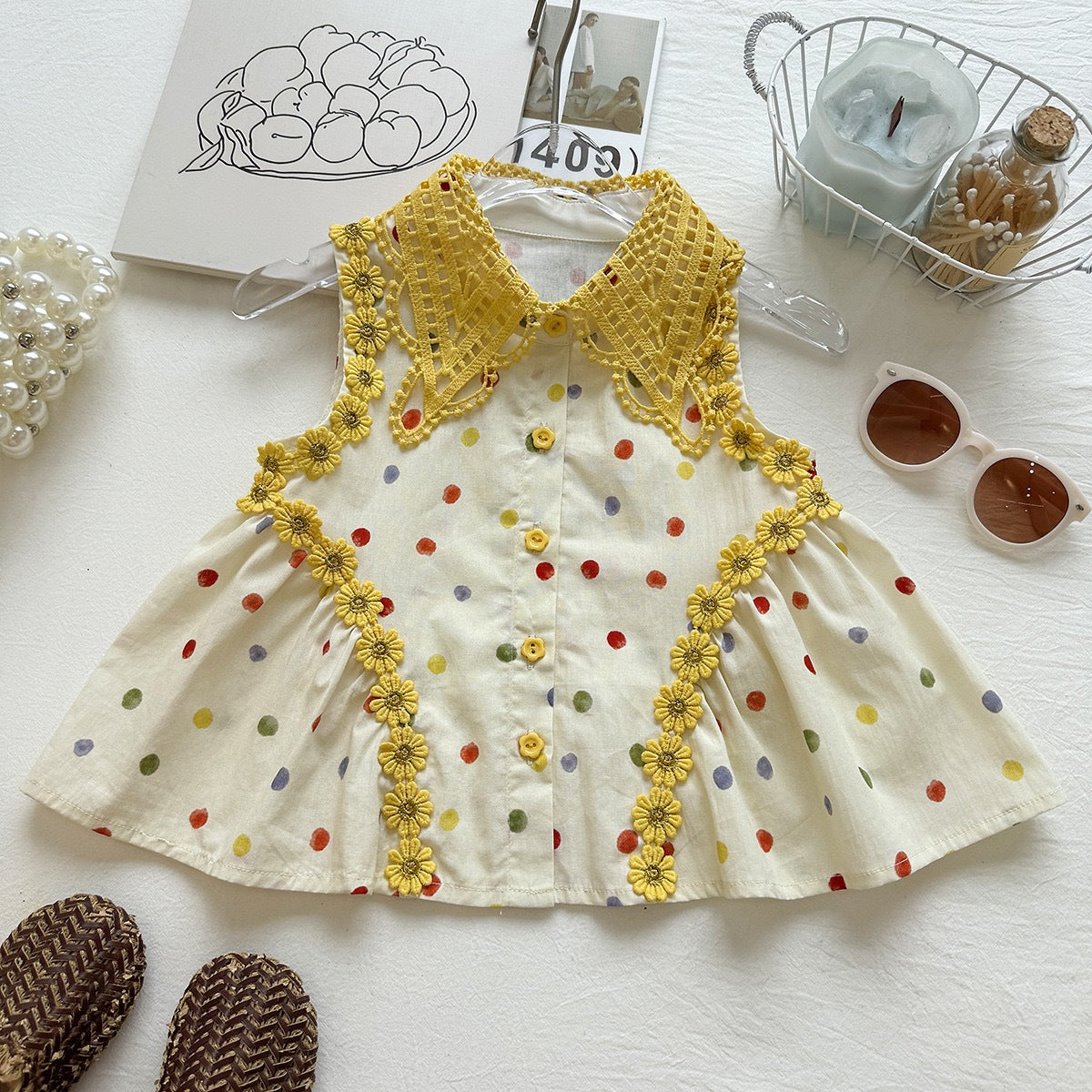 Summer Girls' Set Colorful Polka Dot Sleeveless Top Ruffled Wide-Leg Pants Stylish Two-Piece Outfit