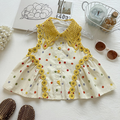 Summer Girls' Set Colorful Polka Dot Sleeveless Top Ruffled Wide-Leg Pants Stylish Two-Piece Outfit
