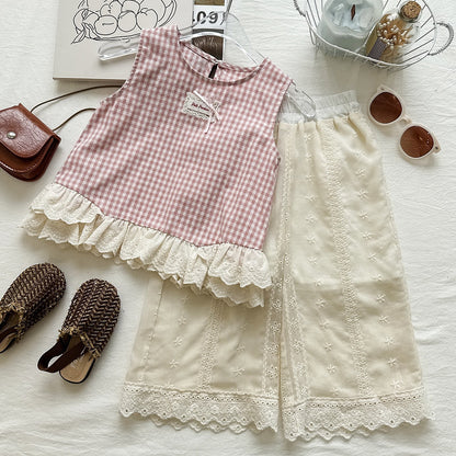 Wide-leg Pants Set with Lace Trim for Girls, Casual Two-Piece Outfit