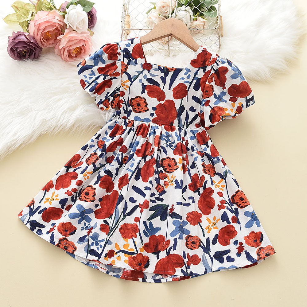 Children's Summer Girl Short Sleeve Dress with Backless Bow and Puff SleevesOil Painting Vintage Style Dress