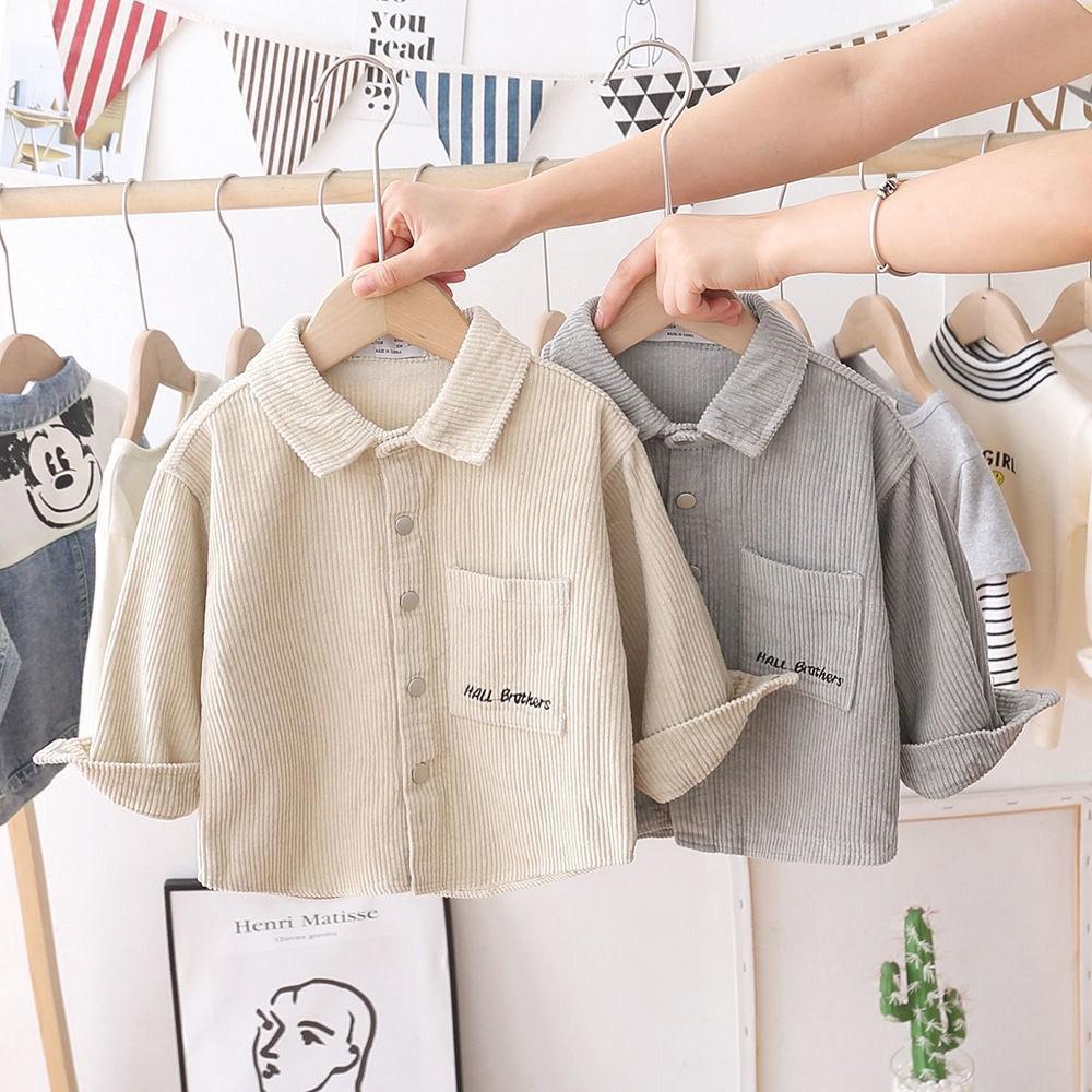 Elastic Corduroy Top with Color-Blocked Turn-Down Collar