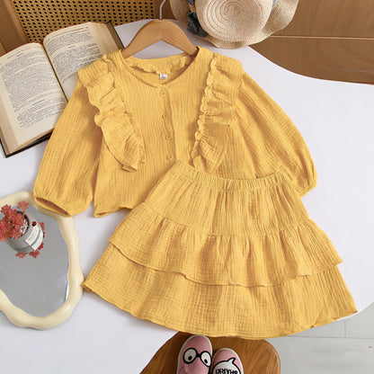 Ins Russian Girls' Cotton Off-Shoulder Sleeve Shirt + Lace Skirt, British Style Children's Two-Piece Set