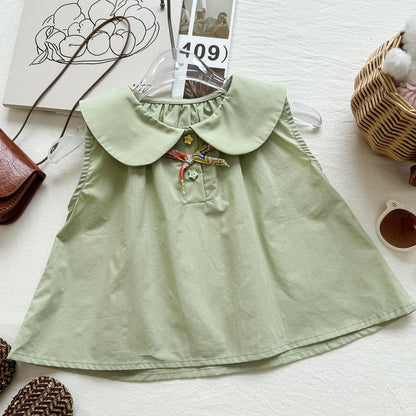 Summer New Girls' Outfit SetPeter Pan Collar Sleeveless Top with Vintage Print Shorts Two-Piece Fashion Set
