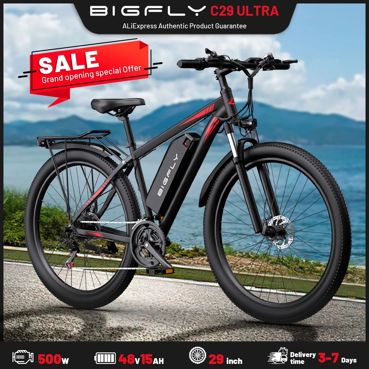 BIGFLY C29 ULTAR freins hydrauliques de vélo électrique, 48V 15AH, portée 100KM, pneus 29*2 pouces, homme/femme, moteur 68NM 21 vitesses