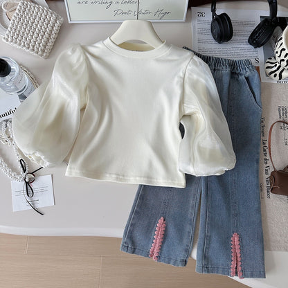 Charming Autumn New Three-Piece Set for Girls: Shirt + Denim Vest + Wide-Leg Pants