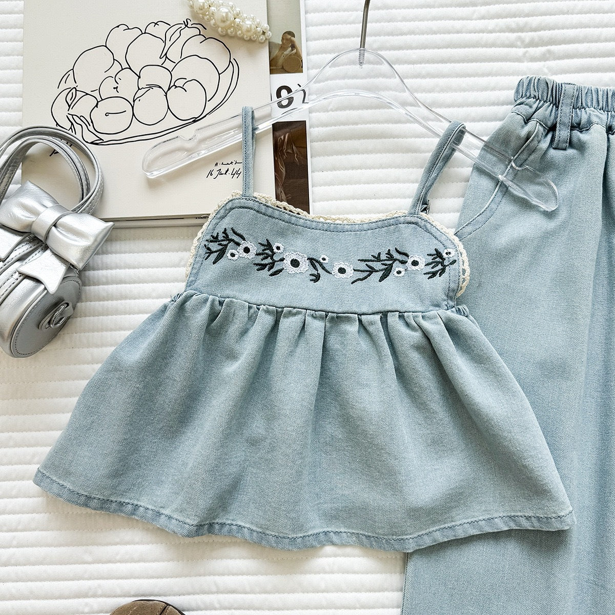 Girls' Denim Set New Embroidered Flower Strap Top and Children's Wide-Leg Denim Pants Casual Two-Piece Set