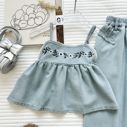 Girls' Denim Set New Embroidered Flower Strap Top and Children's Wide-Leg Denim Pants Casual Two-Piece Set
