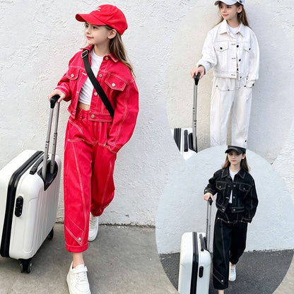 Girls' Cargo Outfit Fashionable Denim Two-Piece Set for Kids Spring and Autumn