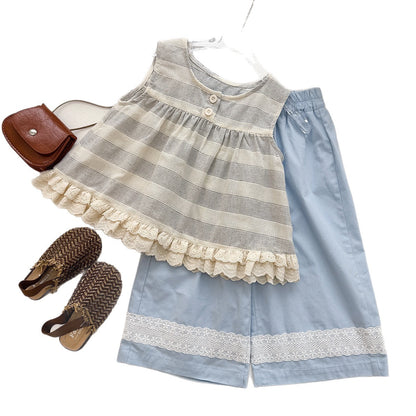 Chic Striped Lace Tank Top with Ruffle Wide-Leg Pants Two-Piece Set for Girls Summer Outfit