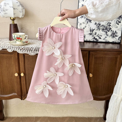 Flower Pleated Flutter Sleeve Long Dress for GirlsElegant and Beautiful, Summer Dress