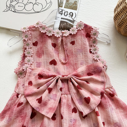 Cute Sleeveless Dress for Girls with Heart Print and Large Bow, Princess Style Summer Dress