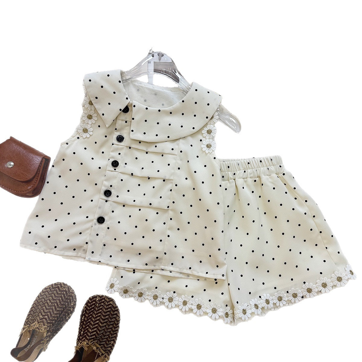 Cute Polka Dot Sleeveless Top with Ruffle Shorts Set for Girls, Summer  Two-Piece Outfit