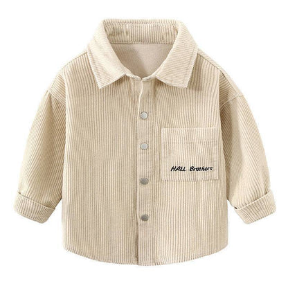 Elastic Corduroy Top with Color-Blocked Turn-Down Collar
