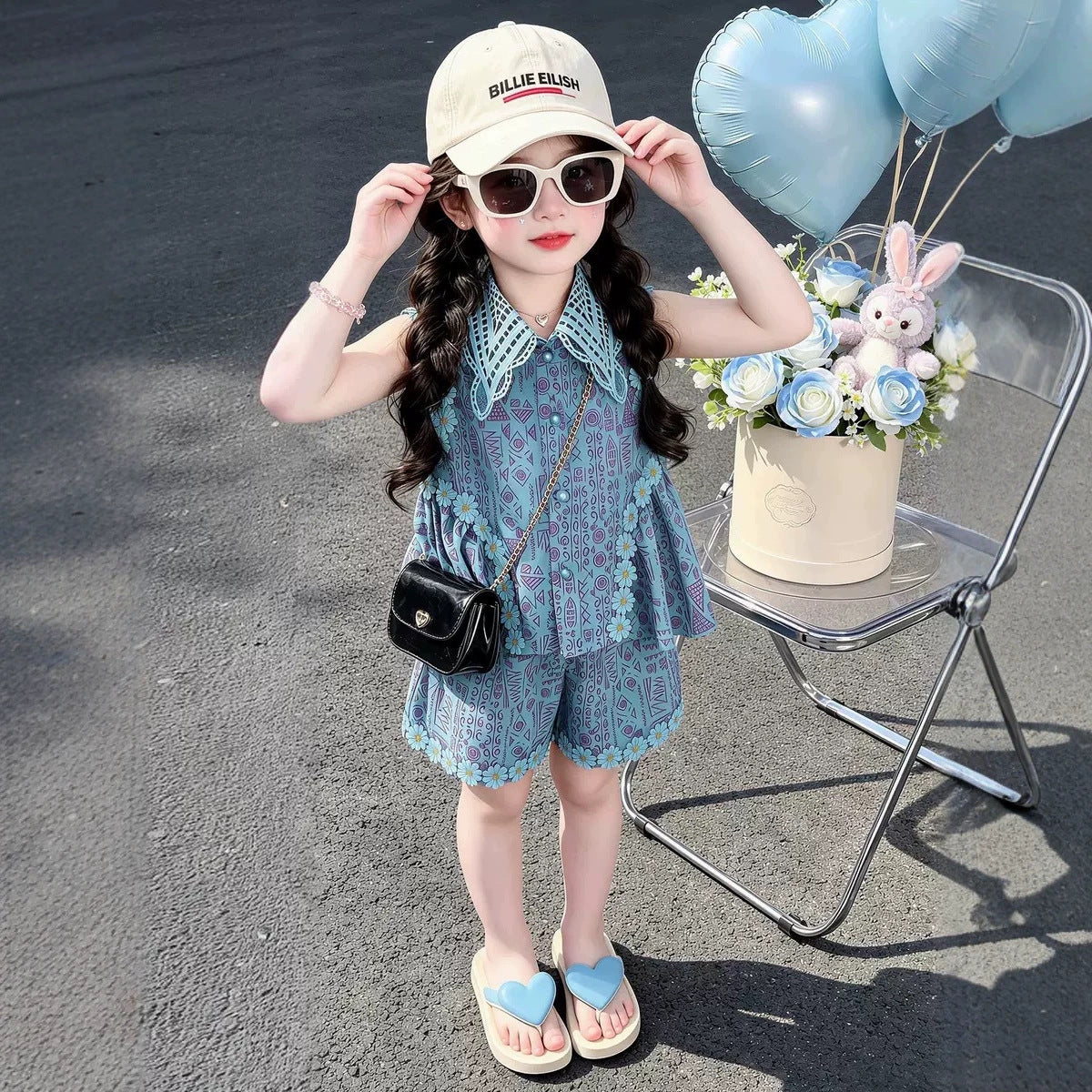 Summer Girls' Set Printed Tank Top with Ruffled Shorts Two-Piece Outfit for Kids