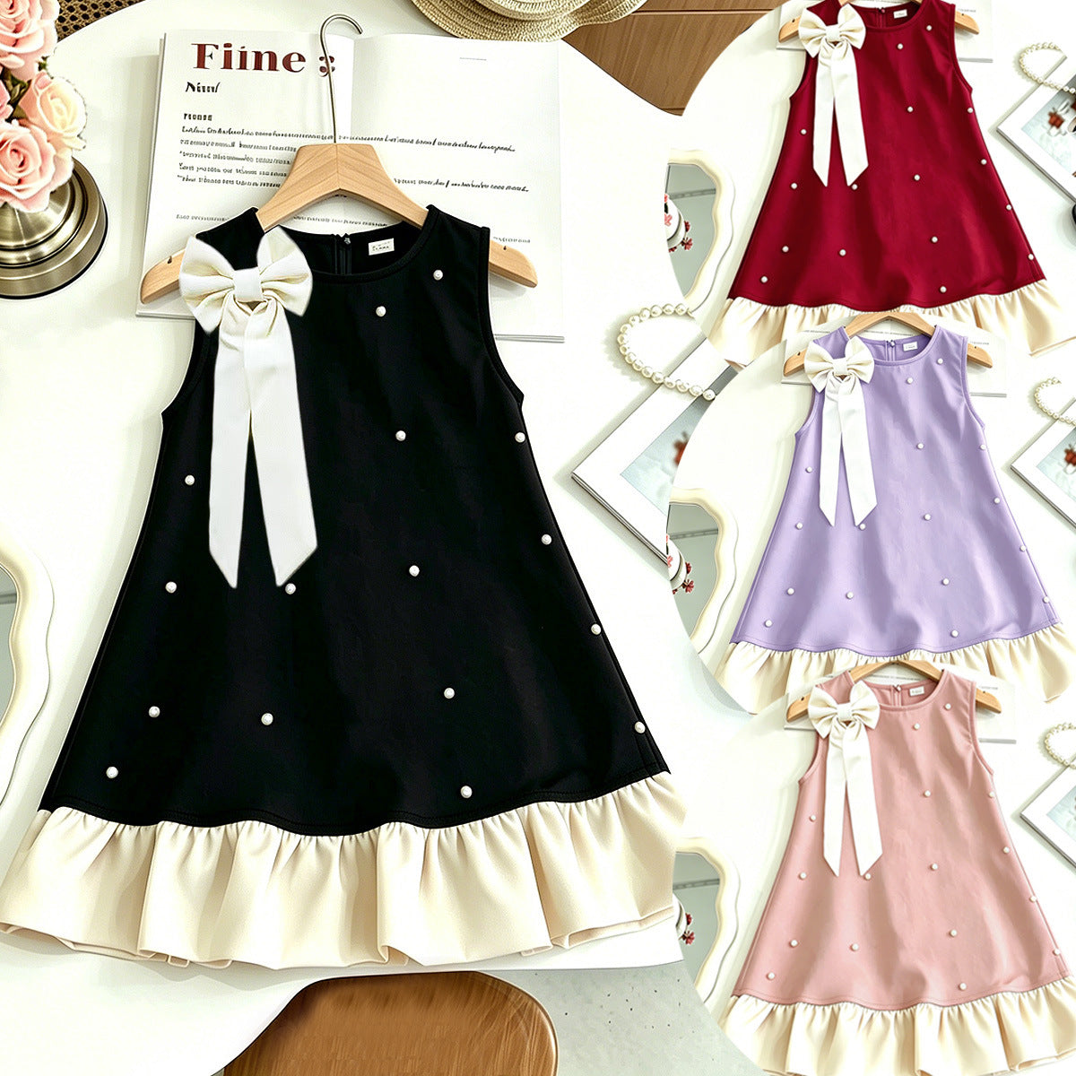 Charming Butterfly Knot Sleeveless Dress for Girls, Elegant Chic Style with Sparkling Rhinestones, Princess Dress, Summer Fashion Mini Dress