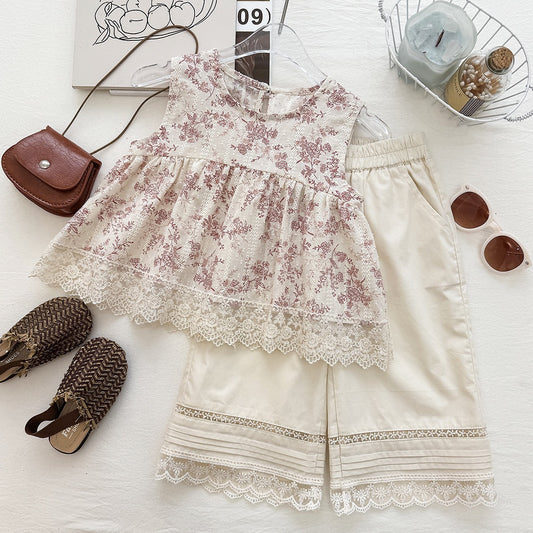 Floral Print Two-Piece Set for Girls, Sleeveless Lace Trim Top  Wide Leg Pants, Vintage Casual Outfit