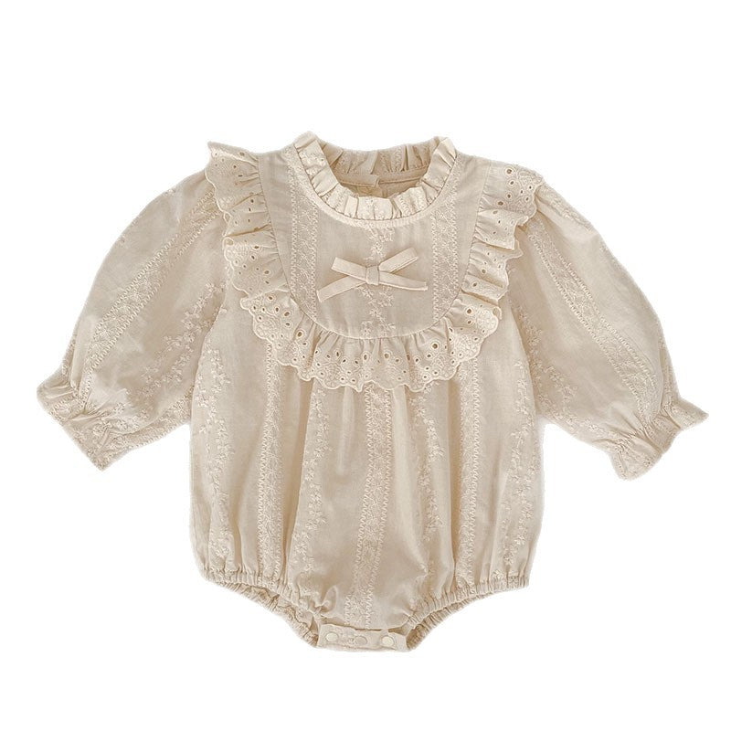 Spring and Autumn Baby Romper, Long Sleeve Embroidered Onesie with Lace Collar, Cotton Baby Outfit for Girls