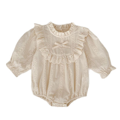 Spring and Autumn Baby Romper, Long Sleeve Embroidered Onesie with Lace Collar, Cotton Baby Outfit for Girls
