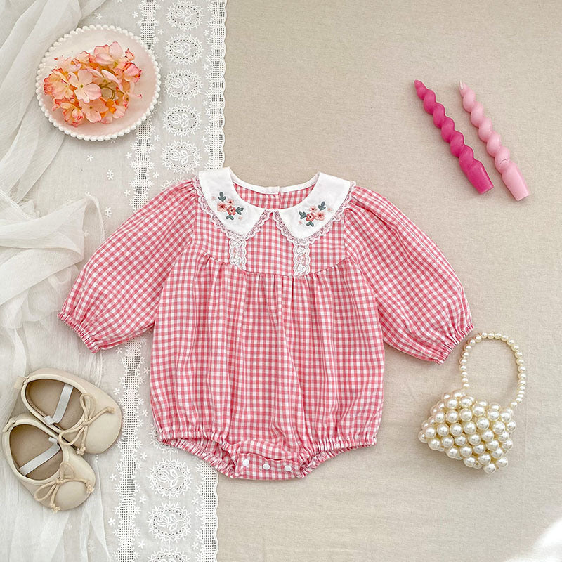 Baby Clothes Spring Autumn New Style Girl KPlaid Embroidered Collar Romper Cute Turn-down Collar Bodysuit Crawling Suit Cotton