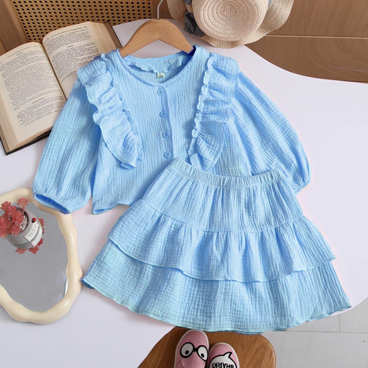 Ins Russian Girls' Cotton Off-Shoulder Sleeve Shirt + Lace Skirt, British Style Children's Two-Piece Set