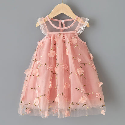 Embroidered Lace Tulle Dress for Girls Summer Fashion Charming Princess Dress with Delicate Embroidery and Layered Tulle Skirt