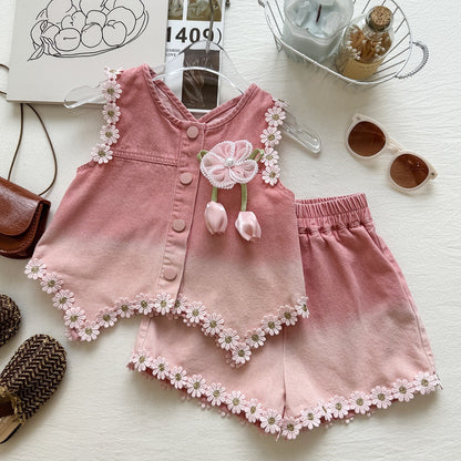 Summer Girls' Set Floral Denim Vest with Ruffled Shorts Casual Two-Piece Outfit