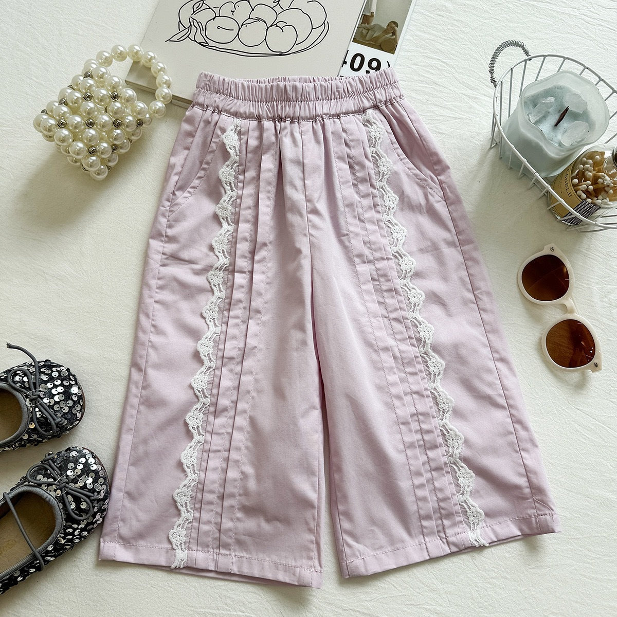 Summer Girls' Set Embroidered Flower Sleeveless Top Lace Wide Leg Pants Two-Piece Outfit