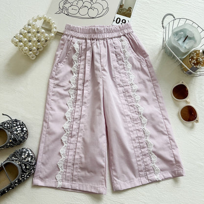 Summer Girls' Set Embroidered Flower Sleeveless Top Lace Wide Leg Pants Two-Piece Outfit