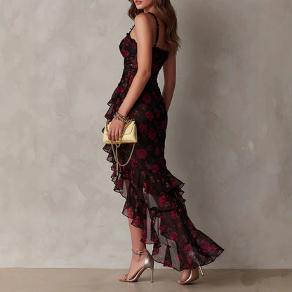Style Floral Print Strap Irregular Ruffle Hem A-Line Dress