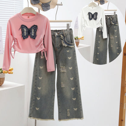 Spring Fashion Children's Outfit for Girls, Butterfly Embroidery Top with Denim Long Pants Two-Piece Set