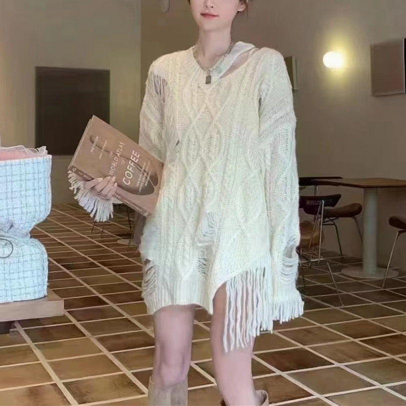 Y2K  Streetwear Tassel Design Knitted Sweaters Women Harajuku Hollow Out Jumper Hole Loose All-match Tops Grunge E-girl