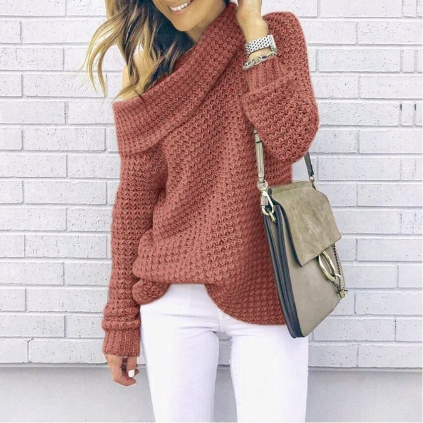 Chic Autumn/Winter Women's Solid Color High Neck Knit Sweater E Style Top