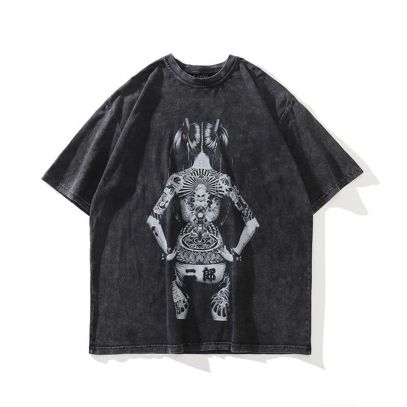 American Street Retro T-Shirt Japanese Ukiyo-e Tattoo Girl Short Sleeve Unisex Loose Trendy