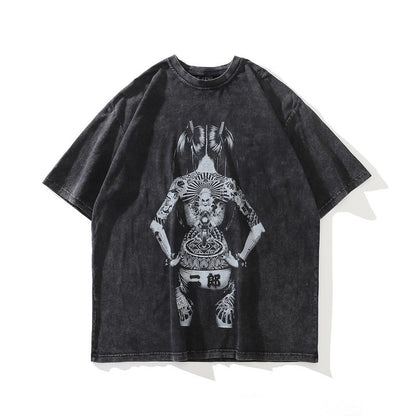 American Street Retro T-Shirt Japanese Ukiyo-e Tattoo Girl Short Sleeve Unisex Loose Trendy