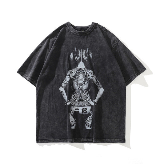 American Street Retro T-Shirt Japanese Ukiyo-e Tattoo Girl Short Sleeve Unisex Loose Trendy