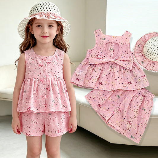 Cute Butterfly Knot Embroidered Sleeveless Top and Shorts Two-Piece Set for Girls with Hat Included