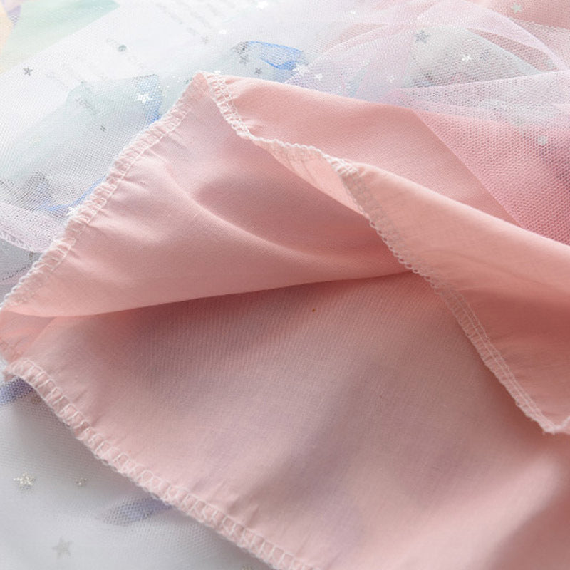 Summer New Girls' Star Mesh Gradient Dress with Cartoon Flying Pony Print, Princess Dress, Unicorn Tulle Dress
