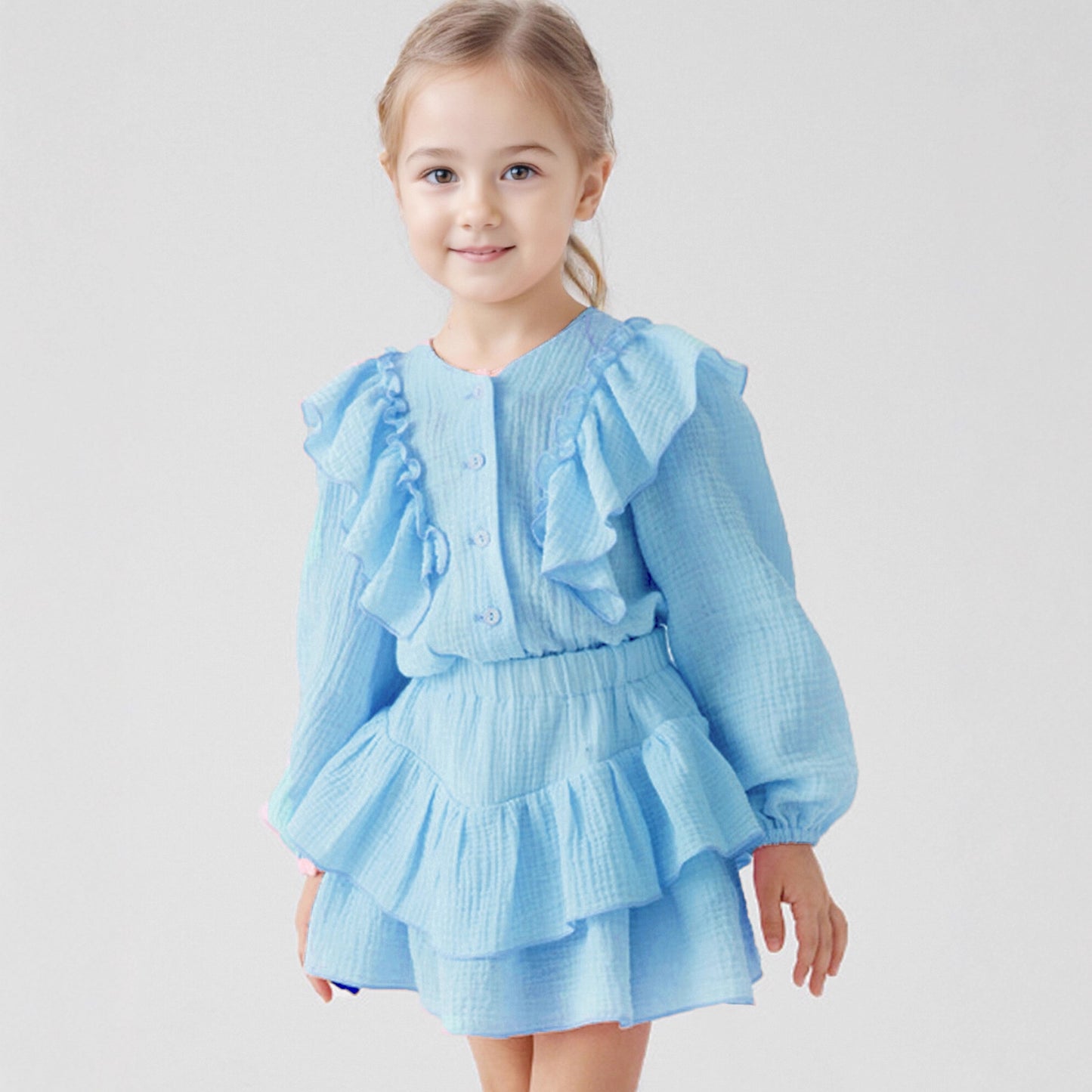 Ins Russian Girls' Cotton Off-Shoulder Sleeve Shirt + Lace Skirt, British Style Children's Two-Piece Set