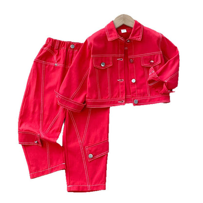 Girls' Cargo Outfit Fashionable Denim Two-Piece Set for Kids Spring and Autumn