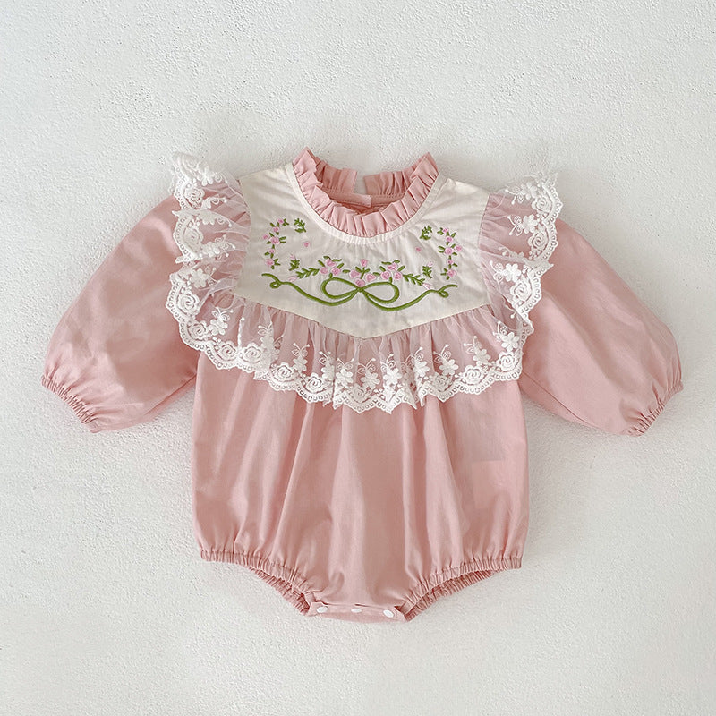 Baby Long Sleeve Romper with Lace Embroidery, Spring and Autumn New StyleFashion for Girls, Infant Bodysuit