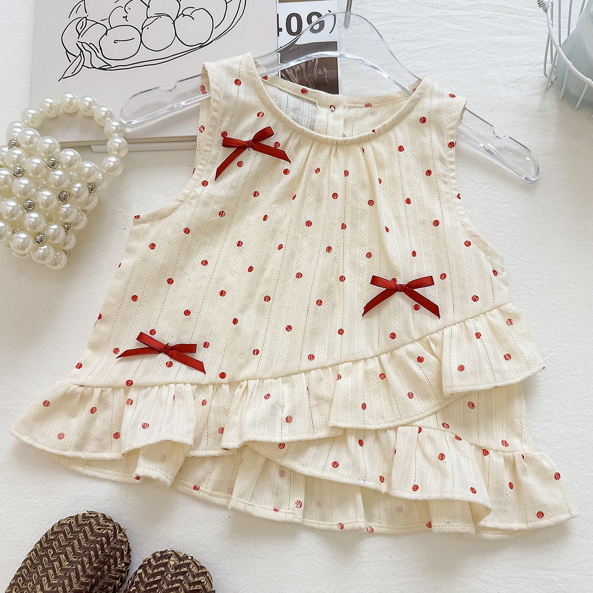 Summer Girls' Outfit Set Bow Polka Dot Sleeveless Top with Plaid Skirt Pants, Vintage Two-Piece Set