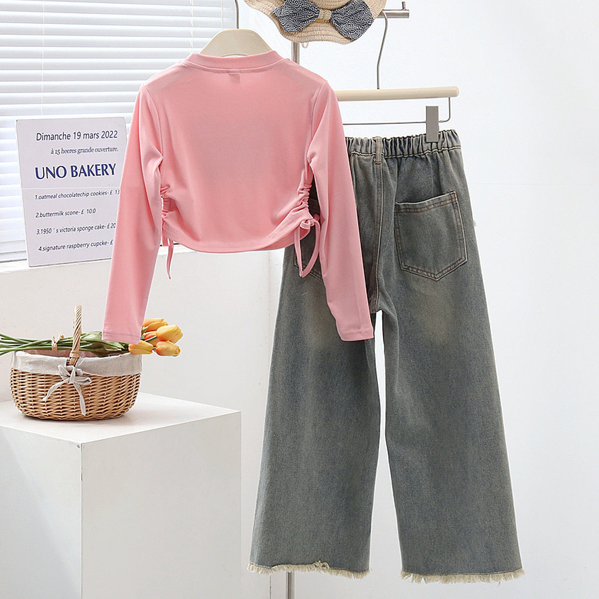 Spring Fashion Children's Outfit for Girls, Butterfly Embroidery Top with Denim Long Pants Two-Piece Set