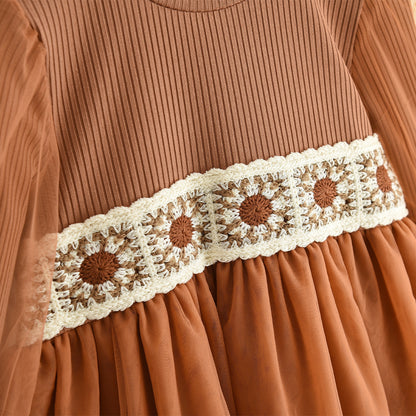Round Neck Floral Lace Trim Tulle Long Sleeve Dress for Girls Princess Dress