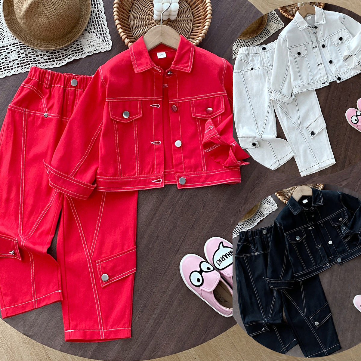 Girls' Cargo Outfit Fashionable Denim Two-Piece Set for Kids Spring and Autumn