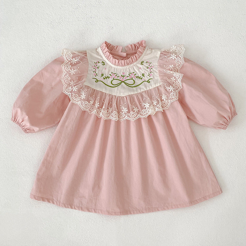 Spring New Girls' Dress with Lace Collar and Floral Embroidery, Sweet Princess Dress for Children