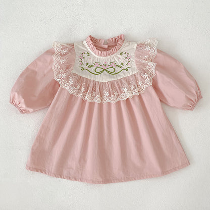 Spring New Girls' Dress with Lace Collar and Floral Embroidery, Sweet Princess Dress for Children