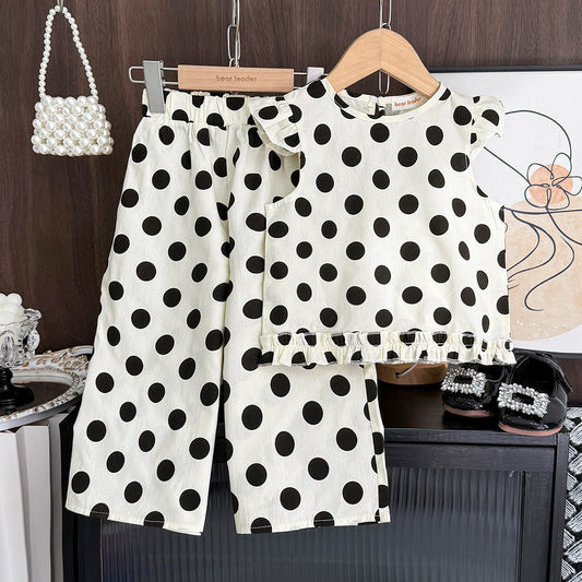 Cute Girl's Summer Outfit Set with Polka Dot Print, Sweet Flutter Sleeve Top and Ruffled Long Pants Two-Piece Set