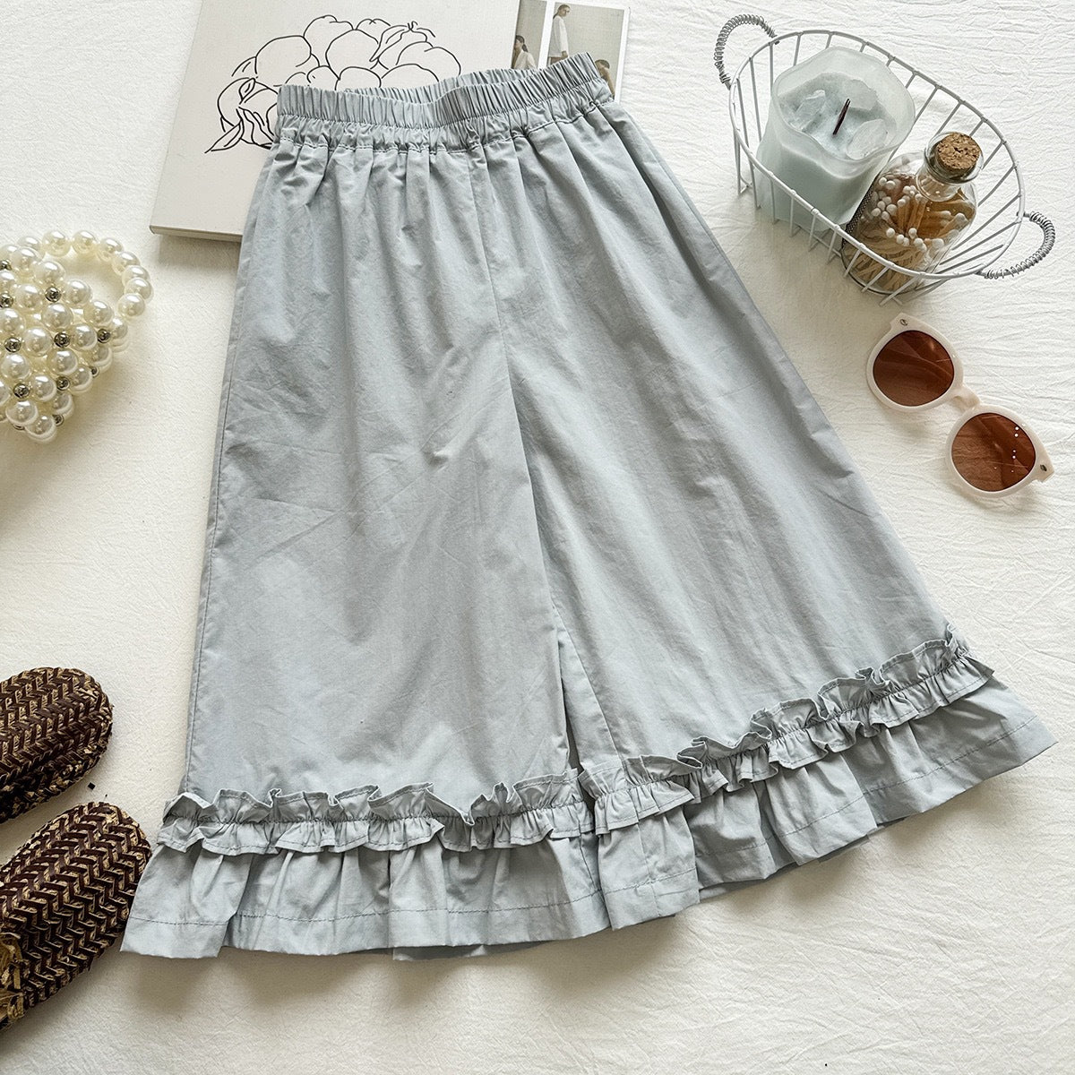 Summer Girls' Set New Sleeveless Lace Trim Top with Ruffle Wide-Leg Pants Casual Two-Piece Set