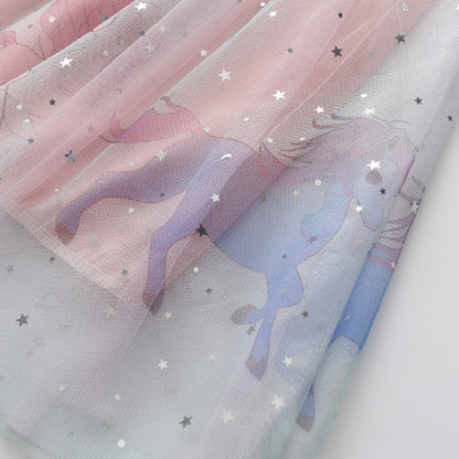 Summer New Girls' Star Mesh Gradient Dress with Cartoon Flying Pony Print, Princess Dress, Unicorn Tulle Dress