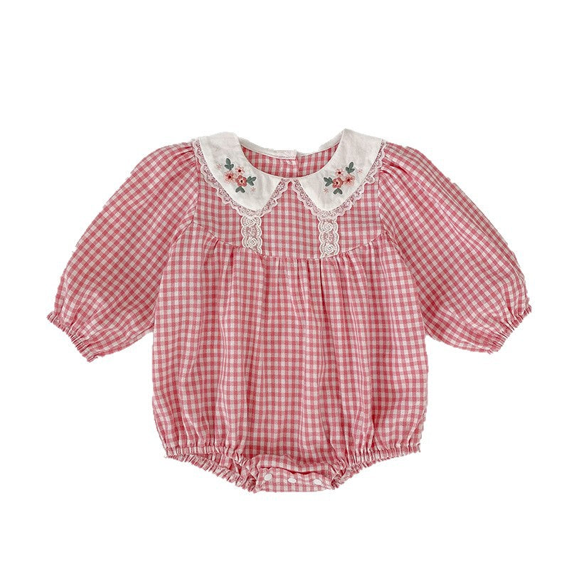 Baby Clothes Spring Autumn New Style Girl KPlaid Embroidered Collar Romper Cute Turn-down Collar Bodysuit Crawling Suit Cotton